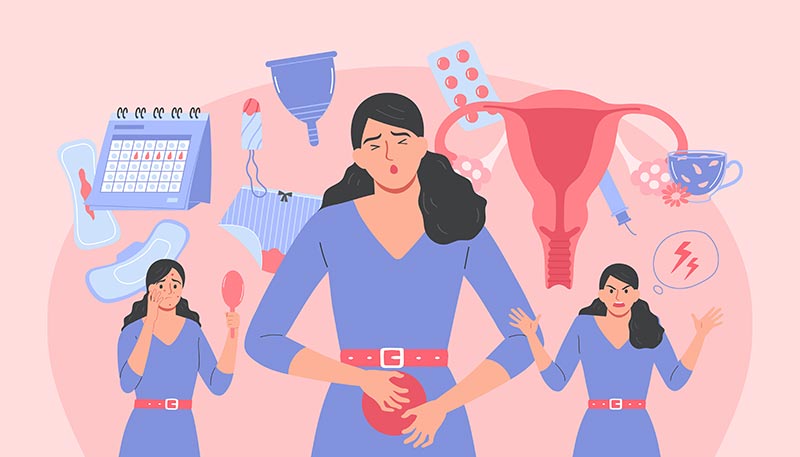 Dessin de femmes souffrantes ou énervées, entourées de dessins de vagin, trompes, pilules et serviettes hygiéniques, illustrant l'importance des aliments riches en protéines pour la production d'enzymes et d'hormones vitales, particulièrement pendant la ménopause.
