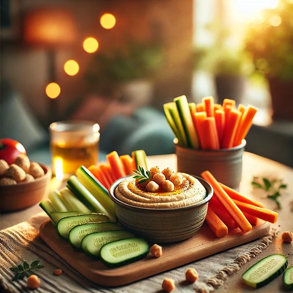 Bol de houmous maison avec quelques pois chiches sur le dessus, posé sur une planche en bois. À côté, un verre en terre cuite contenant des bâtonnets de légumes variés comme des carottes, des concombres et des poivrons.