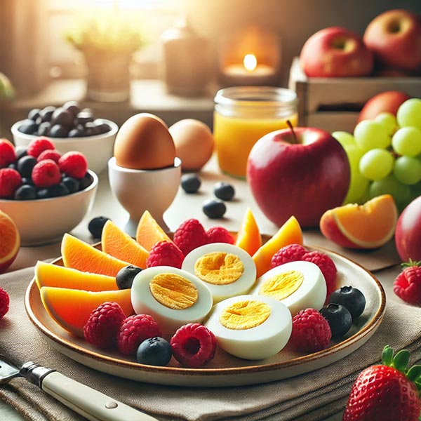 Une assiette bien garnie avec des demi-œufs durs et des morceaux de fruits frais variés. À côté, des œufs frais entiers, une pomme et d'autres fruits entiers, ainsi qu'un verre de jus de fruits.