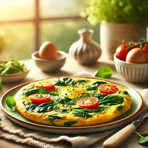 Omelette aux légumes dans une assiette sur une table avec des œufs, une gousse d'ail, des tomates et des herbes aromatiques, illustrant un plat riche en protéines complètes et en nutriments essentiels.