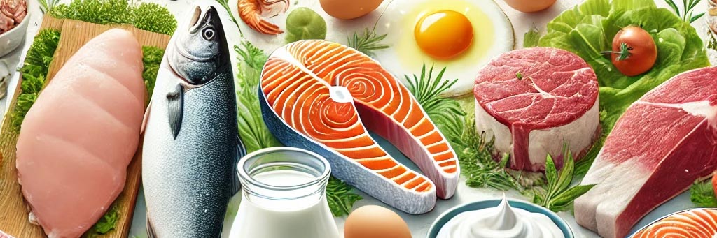 Aliments riches en protéines animales : filet de poulet, thon, saumon, bœuf, lait, œufs, yaourts, illustrant les avantages des protéines animales pour la santé et la nutrition.