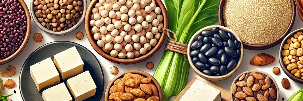 Aliments riches en protéines végétales : noix, amandes, haricots noirs, graines, pois chiches, épinards, lentilles, illustrant les avantages des protéines végétales pour la santé et l'environnement.