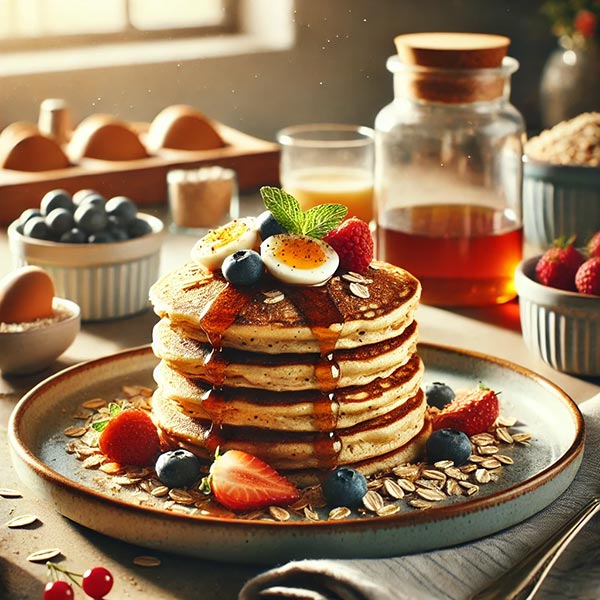 as de pancakes aux protéines posé dans une assiette sur une table, accompagné d'œufs, divers sirops, flocons d'avoine et morceaux de fruits, illustrant un petit-déjeuner riche en protéines et en fibres.