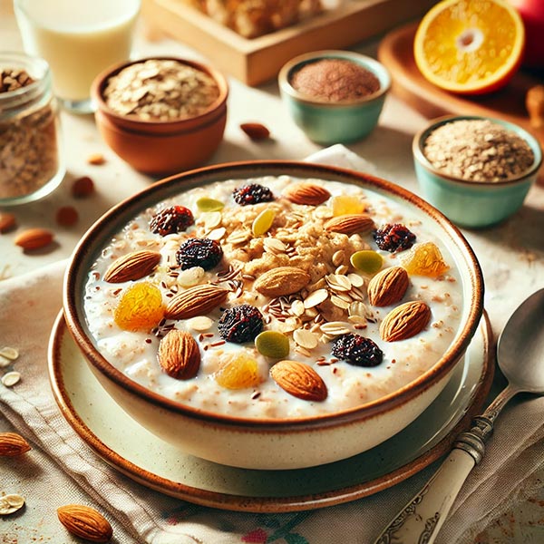Porridge protéiné dans un récipient rond, garni de flocons d'avoine, graines et morceaux de fruits, posé sur une table dans un cadre chaleureux. Ce petit-déjeuner représente un apport riche en protéines, fibres et oméga-3.