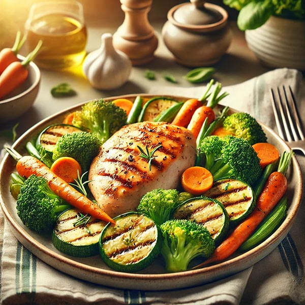 Filet de poulet grillé entouré de légumes dans une assiette marron posée sur une table rustique dans un cadre champêtre et chaleureux, illustrant un repas riche en protéines.