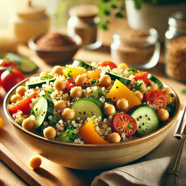 Bol contenant une salade composée de quinoa, pois chiches, tomates cerises, concombre et autres légumes savoureux, posé sur une planche en bois, illustrant un repas complet avec des aliments riches en protéines végétales et en fibres.
