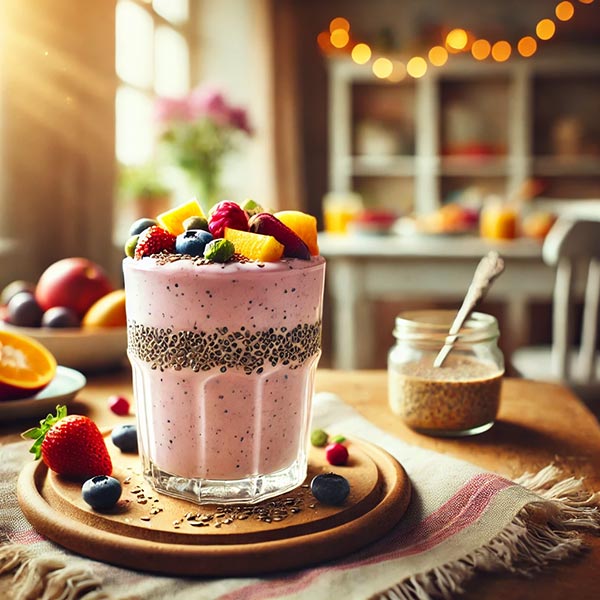Smoothie protéiné rose dans un grand verre, garni de baies et de morceaux de fruits, posé sur un sous-boc et une nappe en tissu dans un cadre chaleureux, illustrant une boisson riche en protéines complètes et végétales pour un petit-déjeuner rapide et nutritif.