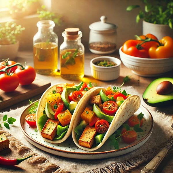 Tacos au tofu ferme épicé, garnis de poivrons, tomates et avocats