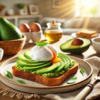 Assiette carrée marron avec un toast garni de fines lamelles d'avocat et d'un œuf poché dégoulinant. Sur la table, des œufs frais, une bouteille d'huile d'olive et un demi-avocat avec son noyau, illustrant un repas riche en protéines complètes et en graisses saines.