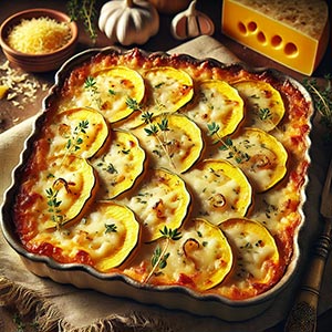 Gros plan sur un gratin de pâtisson au fromage, présenté dans un plat carré sur une nappe en toile de jute avec autour du plat, des gousses d'ails et du fromage râpé.