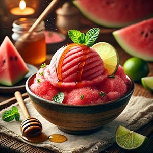 Gros plan d'un sorbet à la pastèque agrémenté de feuilles de menthe et d'un zest de citron sur la boule principale. Le sorbet est présenté dans un bol en terre cuite posé sur une nappe en toile de jute. On aperçoit en arrière plan des quartiers de pastèque, des morceaux de citron et du miel.