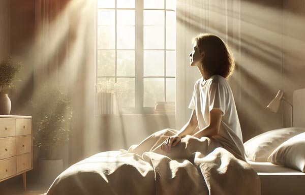 Femme brune aux cheveux longs, portant un tee-shirt blanc, assise dans son lit et observant les rayons du soleil qui entrent dans sa chambre, évoquant le moment idéal pour pratiquer des affirmations positives au réveil.