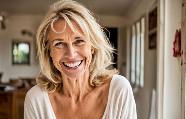Belle femme blonde aux cheveux longs avec un grand sourire, illustrant l'importance de l'alignement énergétique dés le matin pour une journée harmonieuse.