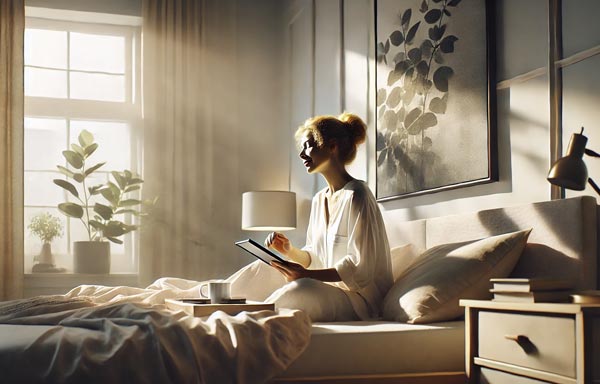 Femme méditant au lever du soleil dans son lit en répétant des affirmations positives du matin.