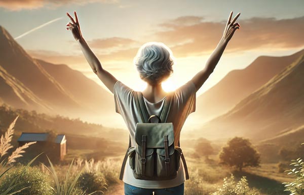 Femme de dos d'environ soixante ans, aux cheveux courts et gris, portant un tee-shirt gris, levant les bras au ciel devant le lever du soleil, illustrant les affirmations pour la santé et le bien-être.
