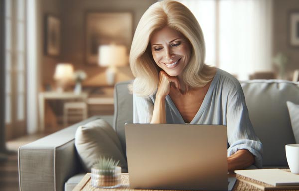 Jolie femme blonde d'une cinquantaine d'années, portant un pull bleu ciel, assise dans son canapé et souriant en regardant l'écran de son ordinateur portable, illustrant comment les affirmations positives peuvent renforcer l'estime de soi et la confiance en soi.