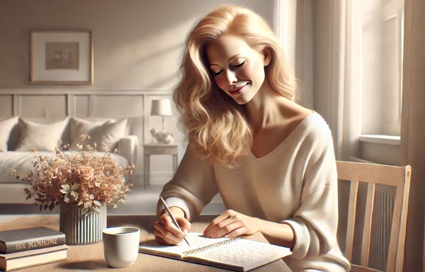 Femme blonde d'environ cinquante ans, aux cheveux longs et blonds, portant un pull crème, assise à une table dans son salon, écrivant dans un journal devant une tasse de café, illustrant l'intégration des affirmations positives dans un journal pour renforcer leur impact.