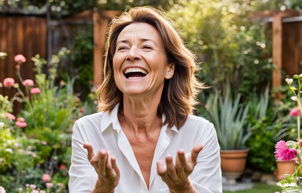 Femme brune aux cheveux longs, d'environ soixante ans, portant un chemisier blanc, heureuse avec un énorme sourire dans son jardin, les mains ouvertes devant elle, illustrant la gratitude et la positivité à travers des affirmations positives.