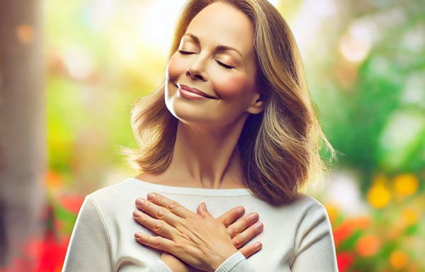 Femme châtain aux cheveux longs, en pull gris clair, se tenant debout avec les mains croisées sur sa poitrine et un sourire serein, symbolisant le calme intérieur et l'équilibre émotionnel à travers les affirmations positives du matin.