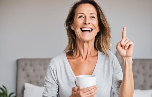 Femme brune dans sa chambre à coucher, souriante avec un doigt en l'air et tenant une tasse de café dans l'autre main, exprimant sa joie à travers ses affirmations positives.