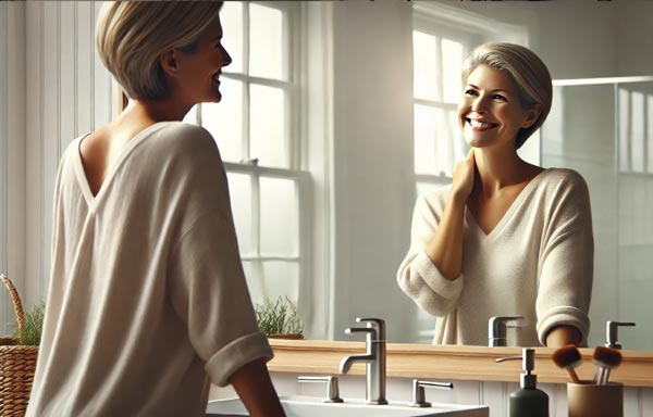 Jeune femme blonde souriant dans le miroir de sa salle de bain tout en répétant ses affirmations de la journée.