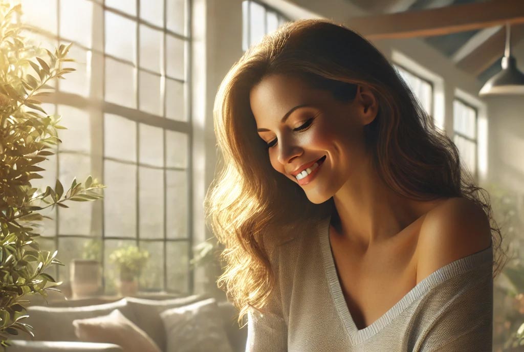 Jeune femme brune aux cheveux longs, sereine et souriante, avec un air pensif et heureux, prête à commencer une belle journée.