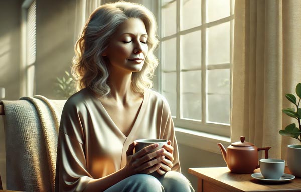 Belle femme blonde/grisée d'environ 50 ans, portant un pull marron clair et un jean, assise sur un fauteuil dans son salon, fermant les yeux et tenant une tasse de thé avec ses deux mains. Cette image évoque l'importance des affirmations positives du matin pour réduire le stress et l'anxiété.