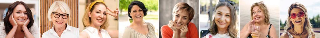 Portraits de femmes inspirantes, représentant le bien-être au féminin et l'épanouissement personnel après 45 ans, accompagnées par Femmes en Harmonie.