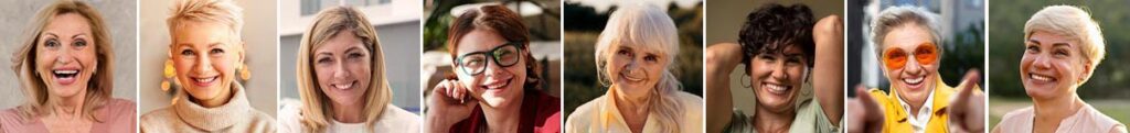 Photo individuelles de femmes souriantes et épanouies, symbolisant la solidarité au cœur de la communauté de Femmes en Harmonie, dédiée au soutien et à l'inspiration mutuelle.