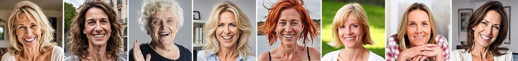 Photo de femmes âgées de 45 à 80 ans, souriantes et rayonnantes, représentant la diversité et le bien-être au féminin au sein de la communauté de Femmes en Harmonie.