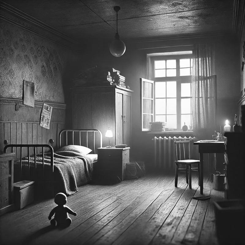 Chambre d'enfants en noir et blanc, illustrant les conditions de vie très modestes et simples dans lesquelles Simone Biles a grandi. Cette image reflète l'environnement difficile et instable de son enfance, avant qu'elle ne devienne une légende mondiale de la gymnastique. Elle capture l'essence des défis auxquels Simone Biles et ses frères et sœurs ont dû faire face, vivant souvent en foyers d'accueil à cause des problèmes familiaux et de la pauvreté.