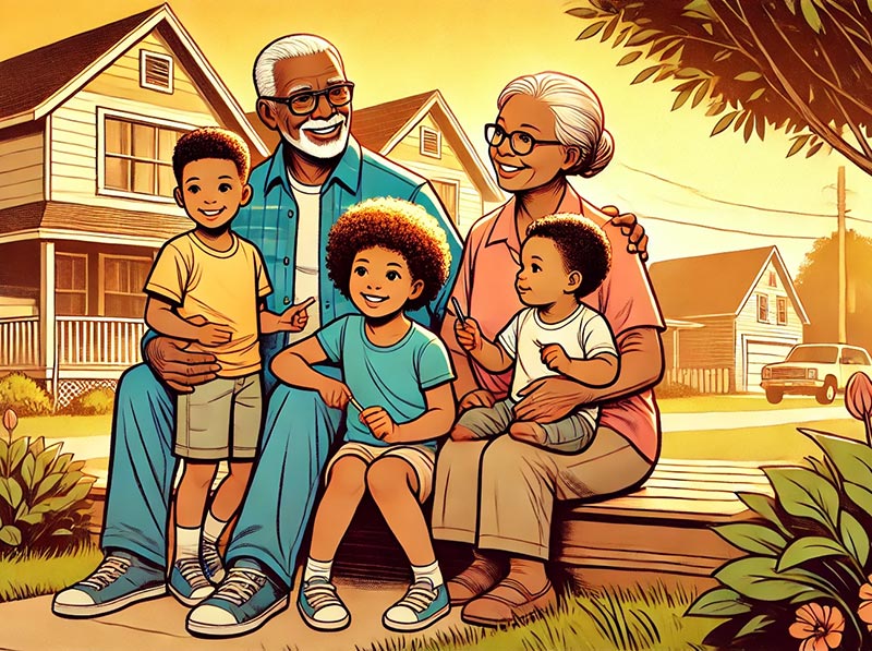 Dessin d'une famille afro-américaine heureuse avec les grands-parents et leurs petits-enfants, illustrant le tournant décisif dans la vie de Simone Biles et son adoption et celle de ses frères et sœurs par leurs grands-parents. Cette nouvelle stabilité et le soutien affectueux qu'ils reçoivent jouent un rôle crucial dans leur développement. Cette image capture l'amour et le soutien inconditionnel qui ont permis à Simone Biles de se concentrer sur ses rêves et de surmonter les défis pour devenir une légende de la gymnastique.