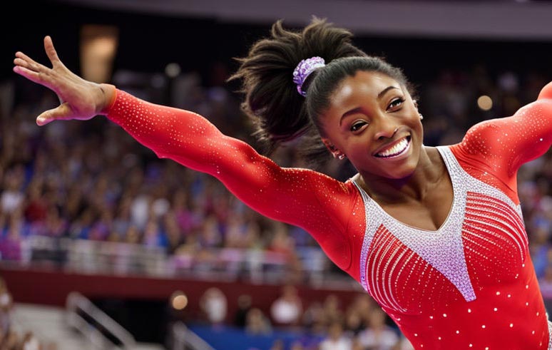 Simone Biles, vêtue d'un justaucorps rouge aux bandes blanches, sourit tout en exécutant un mouvement spectaculaire durant une compétition. Ce mouvement, dont elle seule possède le secret, représente une démonstration unique de sa maîtrise technique et de son innovation dans le monde de la gymnastique.