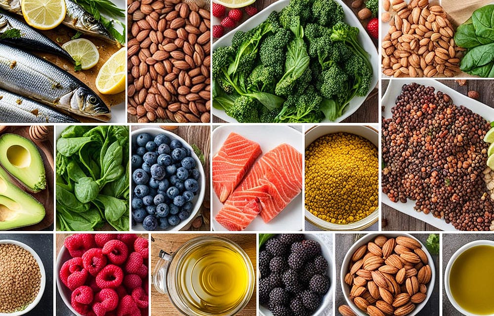 Tableau d'aliments anti-inflammatoires : sardines, pavés de saumon, graines, myrtilles, framboises, avocats, brocolis, choux, illustrant une alimentation riches en nutriments essentiels pour réduire l'inflammation et protéger la santé.