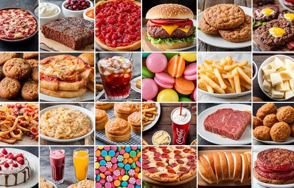 Tableau d'aliments pro-inflammatoires : pizzas, burgers, viandes rouges, frites, sandwiches industriels, pains blancs, gâteaux, sodas et bonbons, illustrant les aliments à éviter pour réduire l'inflammation chronique.