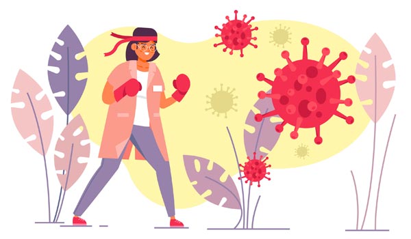 Illustration d'une femme avec des gants de boxe combattant des virus, symbolisant le rôle protecteur des aliments anti-inflammatoires.