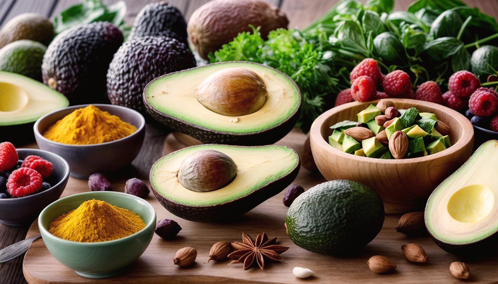 Principaux aliments anti-inflammatoires, tels que baies, légumes verts, poissons gras, avocats et noix, disposés sur une table rustique en bois.