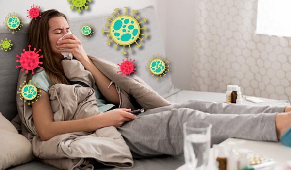 Femme alitée entourée de dessins de microbes, illustrant les effets insidieux et persistants de l'inflammation chronique sur la santé.