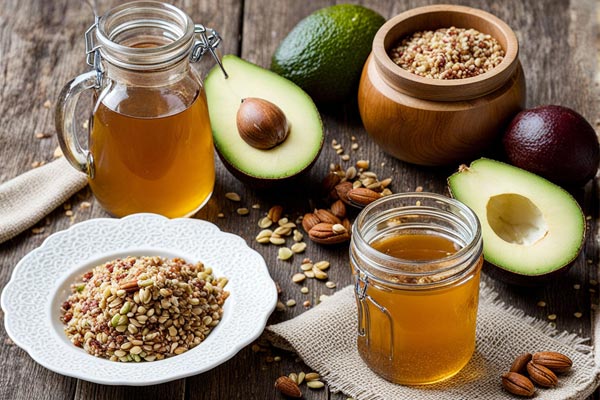 Pots de miel, sirop d'érable, fruits secs, graines, avocats et huile d'olive posés sur une table en bois rustique, représentant des alternatives saines aux aliments pro-inflammatoires.