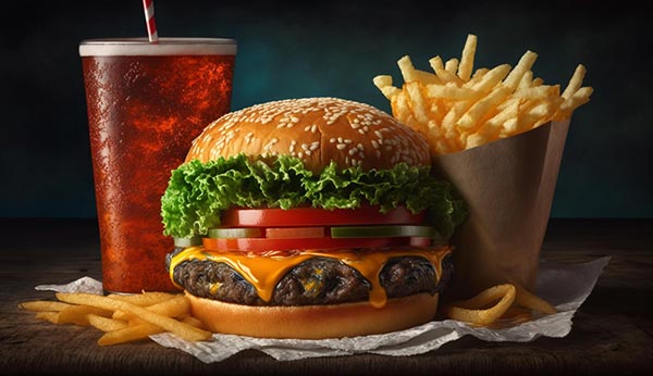 Un énorme burger dégoulinant de sauce et de fromage accompagné de frites et d'un soda, symbolisant les aliments riches en graisses saturées et en sucres raffinés, qui favorisent l'inflammation chronique dans le corps.