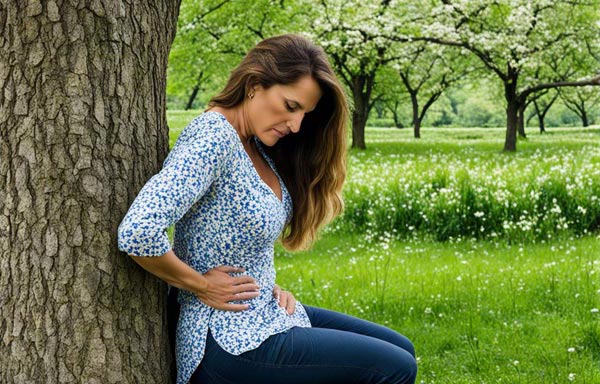 Femme entre 50 et 60 ans, brune, adossée à un arbre, tenant son ventre, illustrant les douleurs et les risques associés à l’inflammation chronique, comme le diabète ou les maladies cardiovasculaires. Un mode de vie sain, incluant des aliments anti-inflammatoires, peut aider à réduire ces risques.