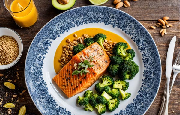 Assiette de saumon grillé au curcuma avec brocoli et graines, riche en aliments anti-inflammatoires pour soutenir le bien-être après 45 ans.