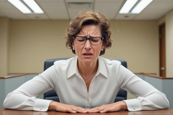 Femme de cinquante ans, grimaçant à son bureau, ressentant les effets de la ménopause sur sa concentration et son humeur.