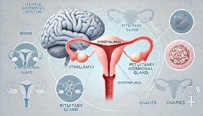 Dessin détaillé de l'utérus et du cerveau, montrant le lien entre l'hypothalamus et les changements hormonaux qui provoquent les bouffées de chaleur pendant la ménopause.