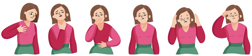Dessin montrant une femme dans divers états de malaise : douleurs, sueurs, et inconfort.