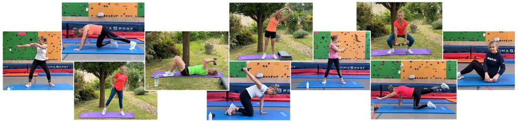 Patchwork de photos de la fondatrice de Femmes en Harmonie, souriante dans son jardin, portant différentes tenues de sport et réalisant divers exercices pour promouvoir le programme '21 jours pour booster ta FORME et ton ÉNERGIE'.