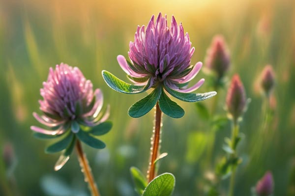 Photo de trèfles rouges, une plante riche en phytoestrogènes, utilisée pour réduire les symptômes de la ménopause.