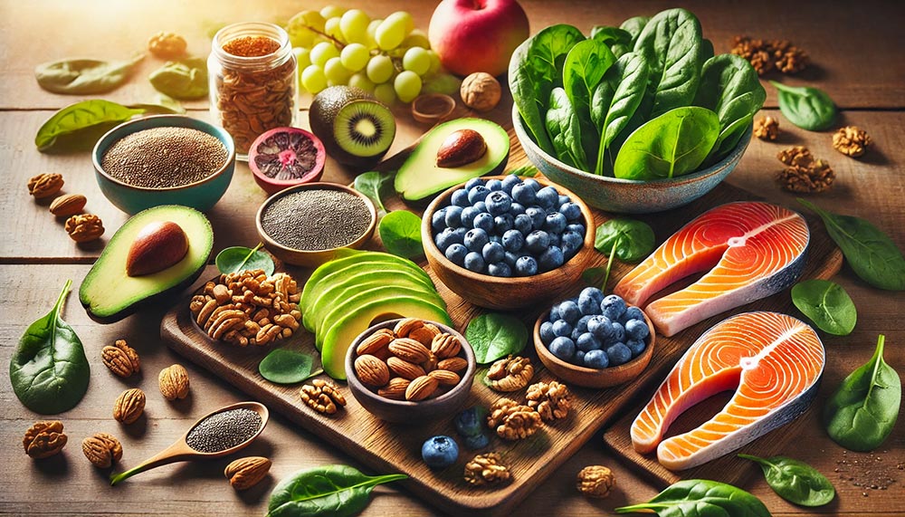 Etalage d'aliments énergétiques, riches en nutriments essentiels, comprenant amandes, noix, graines de chia, myrtilles, légumes verts, avocat et saumon, parfaits pour soutenir ton dynamisme et ta force naturelle au quotidien.