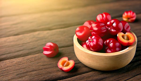 Bol de cerises acérola rouges et juteuses, riches en vitamine C et antioxydants, parfaites pour renforcer le système immunitaire et offrir une énergie revitalisante en hiver.