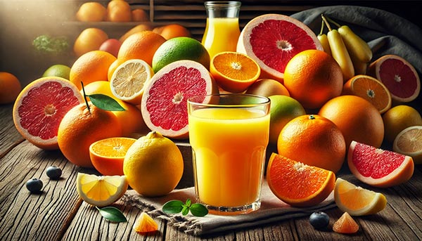 Un grand verre de jus d'orange frais entouré d'oranges, citrons et pamplemousses colorés sur une table en bois, offrant un concentré naturel de vitamine C pour booster l'énergie et soutenir l'immunité. Des aliments énergétiques permettant un boost immédiat !